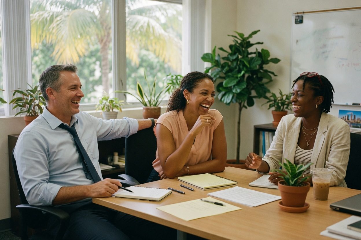 A corporate team smiling together in a bright office