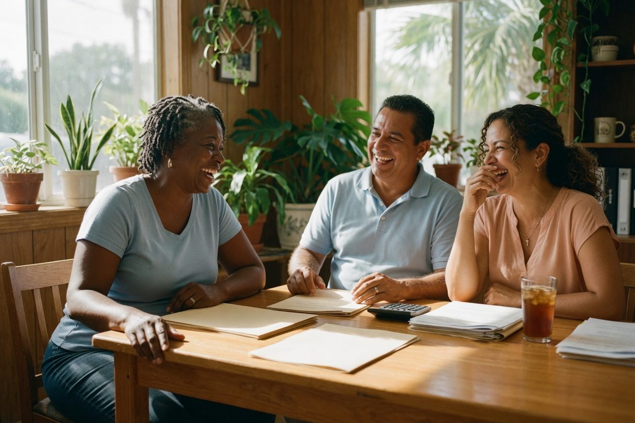 Smiling financial advisor with clients