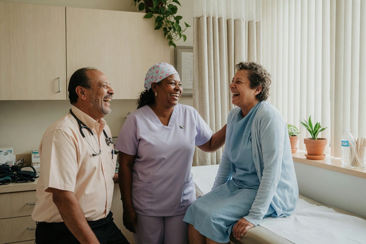 Smiling clinician and patient in a bright clinic