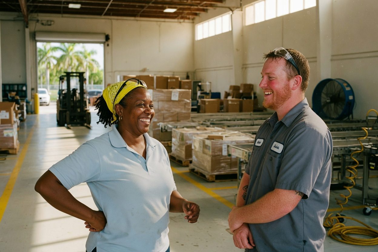 A supervisor and technician smiling on a shop floor