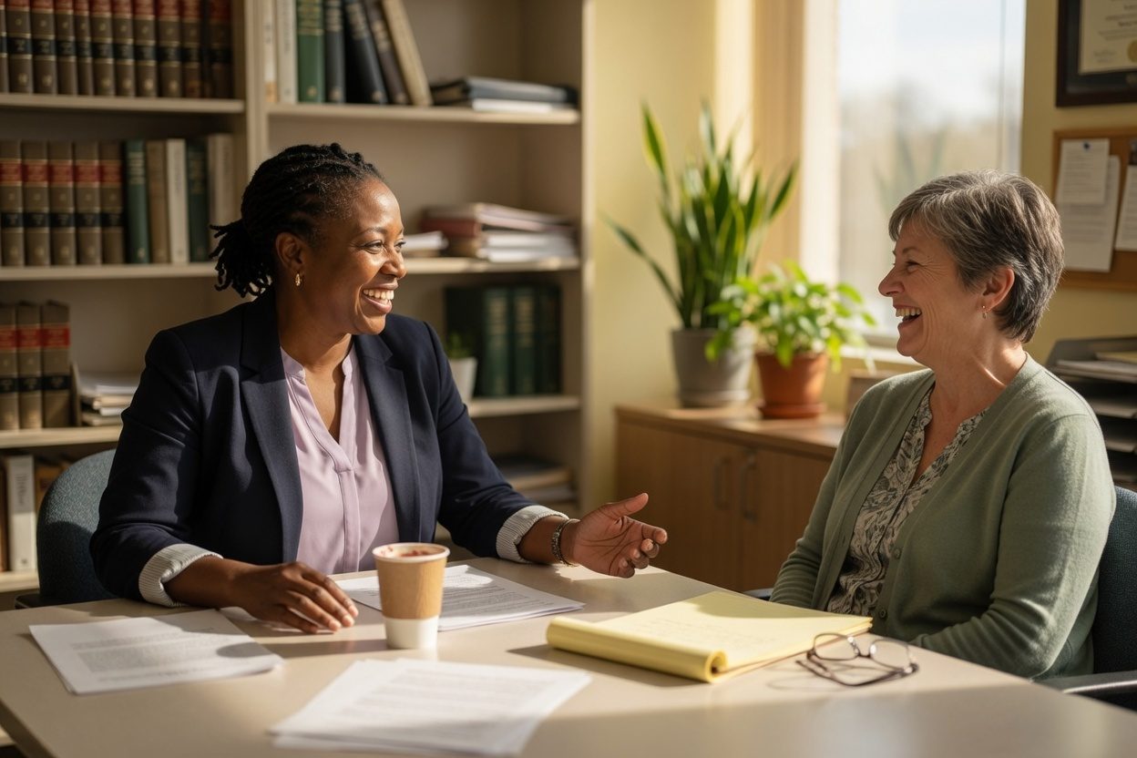 Smiling attorney talking with a client