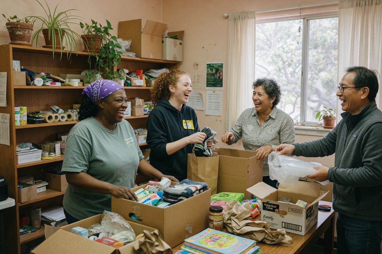 Nonprofit staff and a volunteer smiling in a community office